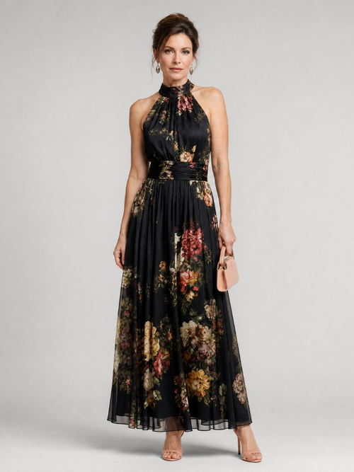 Agnès — Robe longue dos nu à fleurs sur fond noir, coloris Noir fleuri