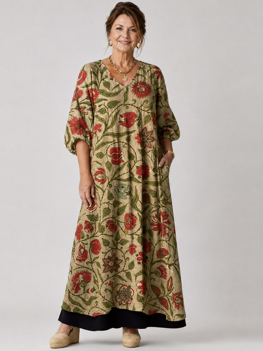 Renée — Robe longue à fleurs sur fond kaki, coloris Kaki fleuri