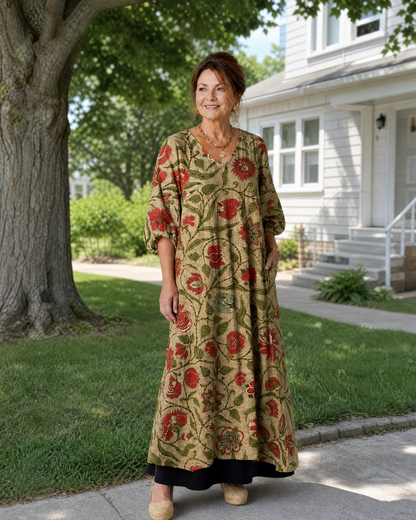 Renée — Robe longue à fleurs sur fond kaki
